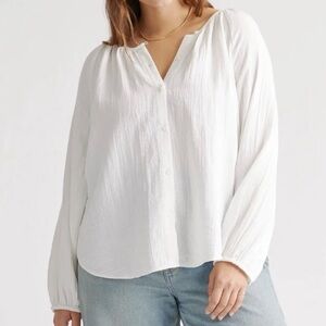 Quince White Button-Front Peasant Blouse